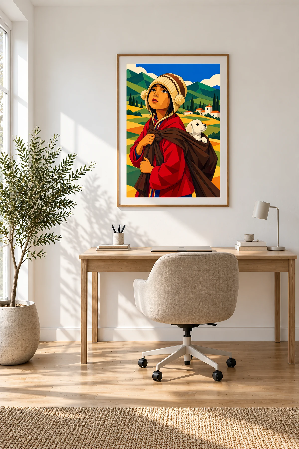 Boy Carrying a Puppy — framed presentation, frame not included