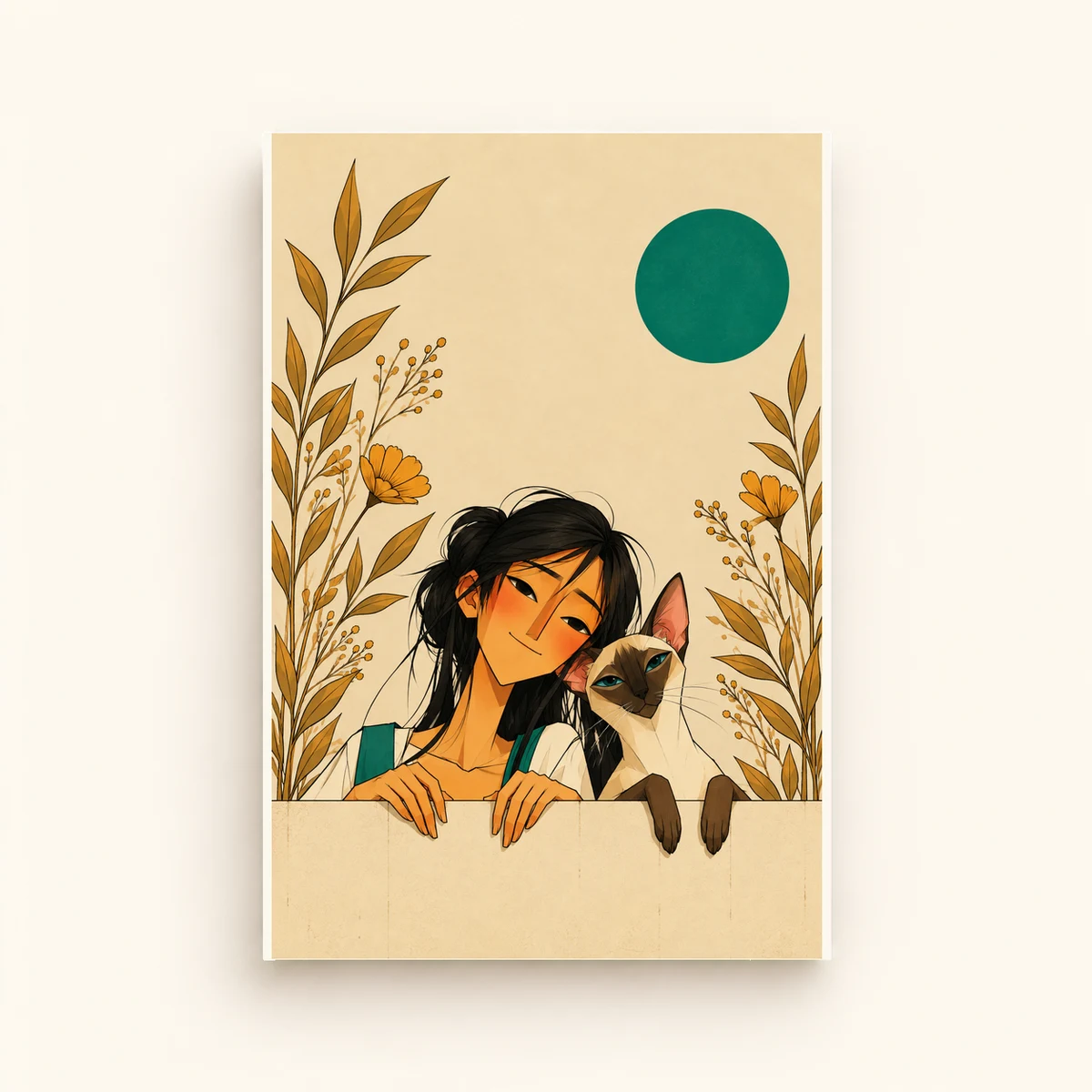 A Girl and Her Cat — framed presentation, frame not included