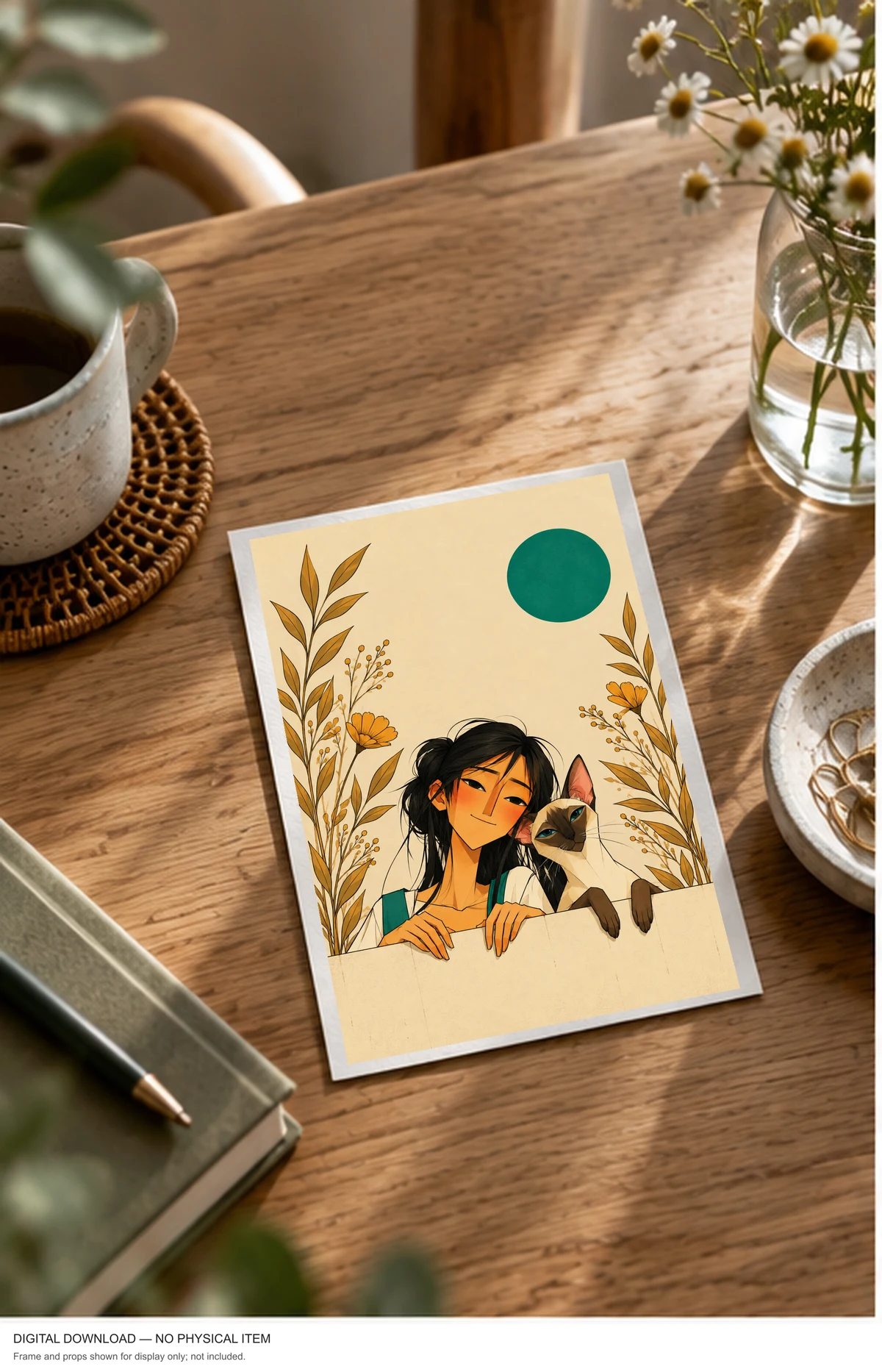 A Girl and Her Cat — framed presentation, frame not included