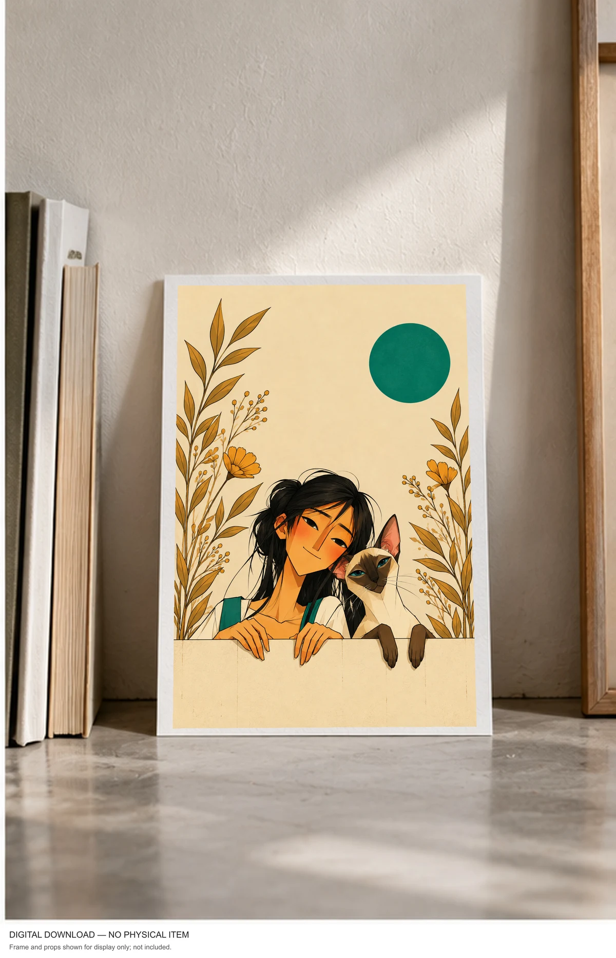 A Girl and Her Cat — framed presentation, frame not included