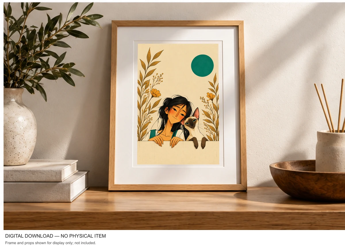 A Girl and Her Cat — framed presentation, frame not included