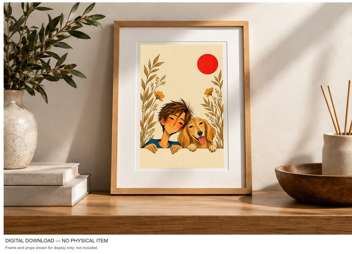 A Boy and His Golden Companion — framed presentation, frame not included