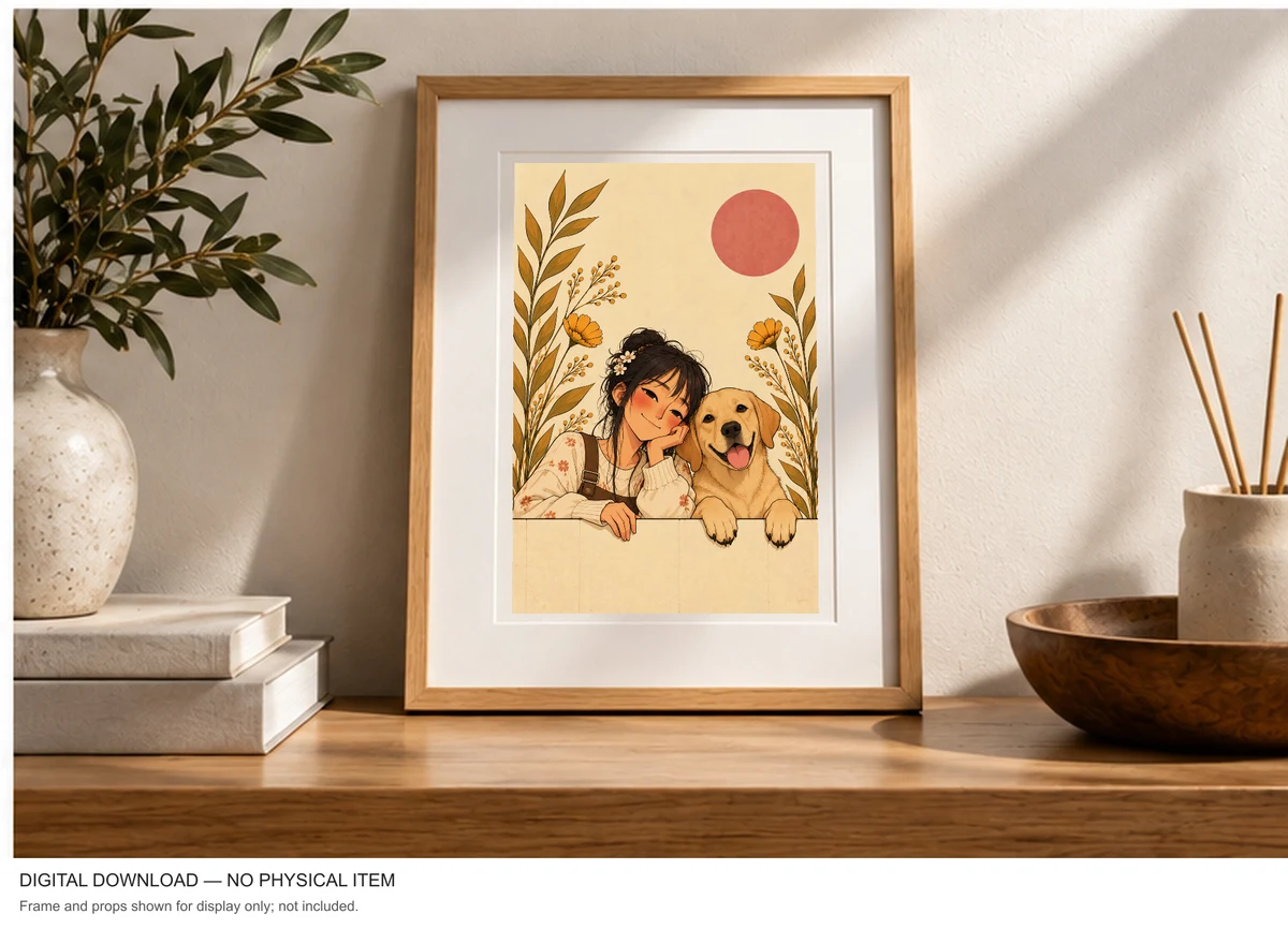 A Girl and Her Gentle Companion — framed presentation, frame not included