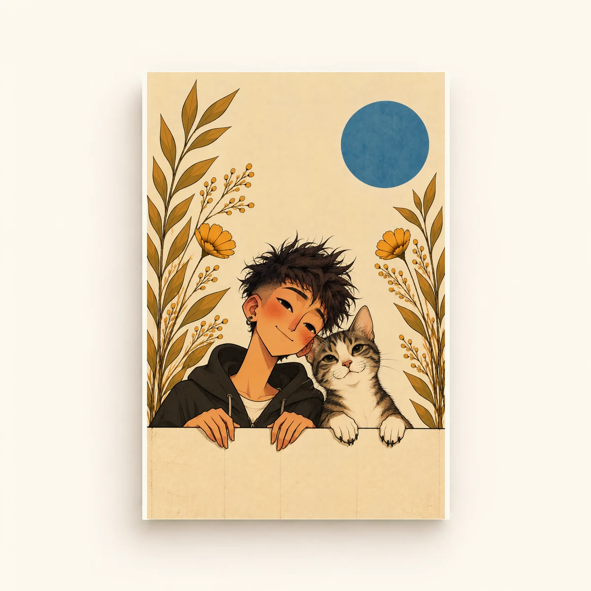 A Boy and His Tabby Cat — framed presentation, frame not included