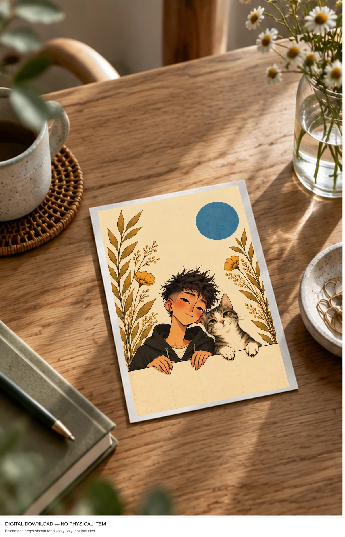 A Boy and His Tabby Cat — framed presentation, frame not included