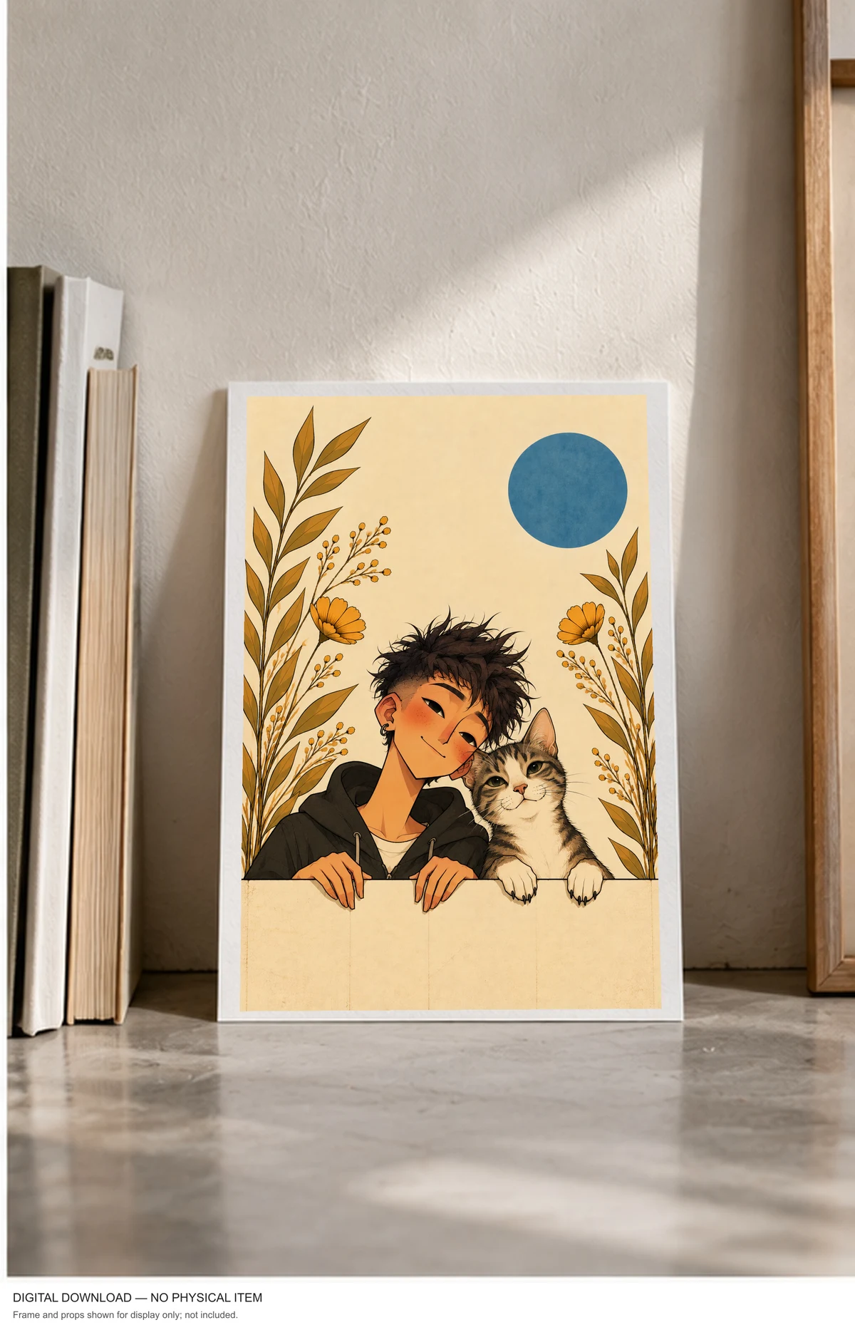 A Boy and His Tabby Cat — framed presentation, frame not included