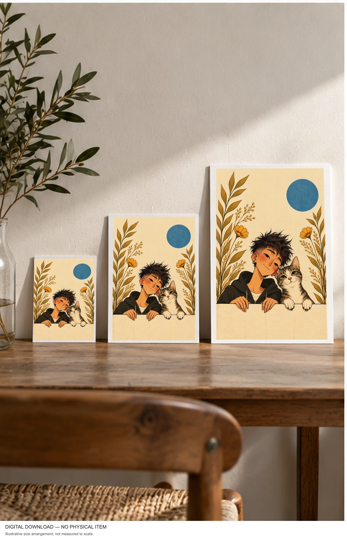 A Boy and His Tabby Cat — framed presentation, frame not included