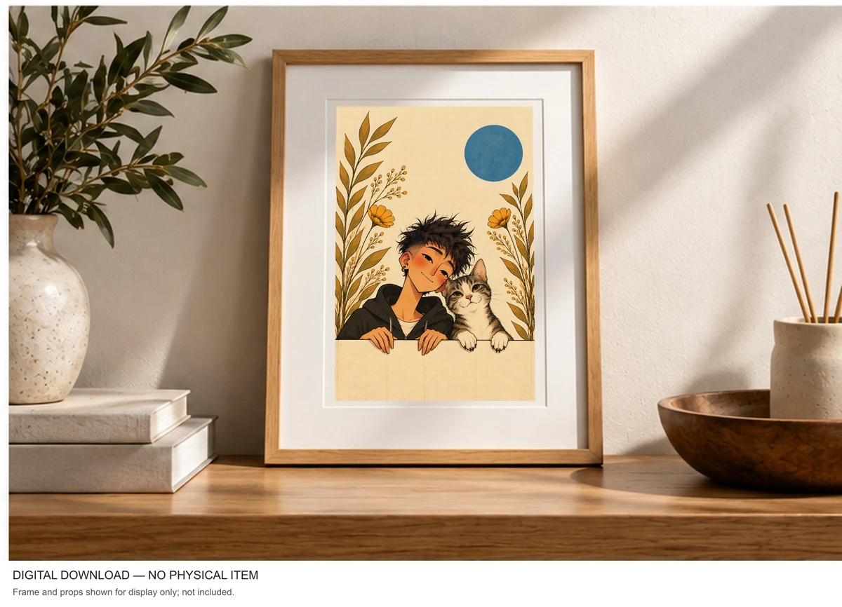 A Boy and His Tabby Cat — framed presentation, frame not included