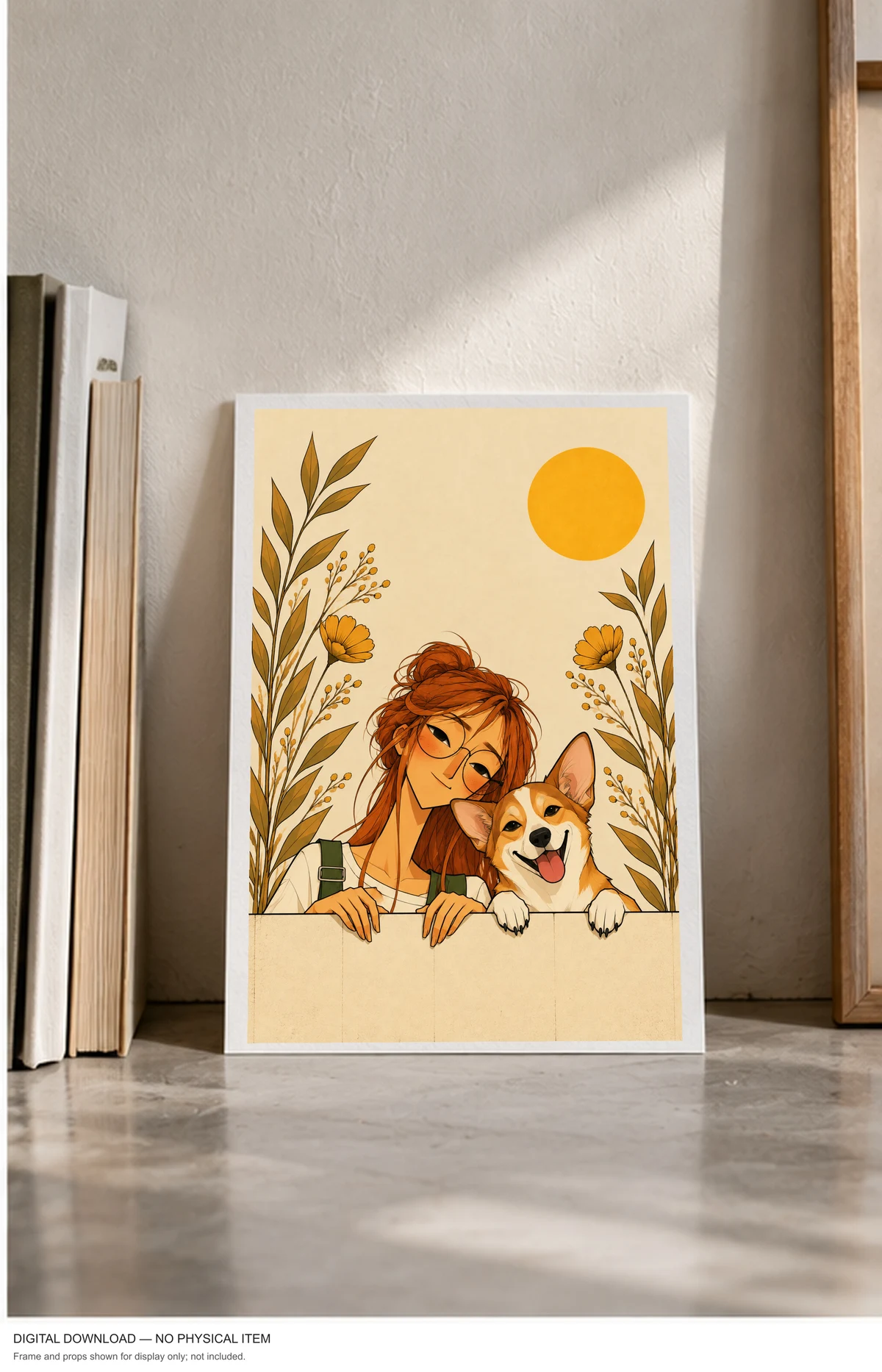 A Girl and Her Corgi — framed presentation, frame not included