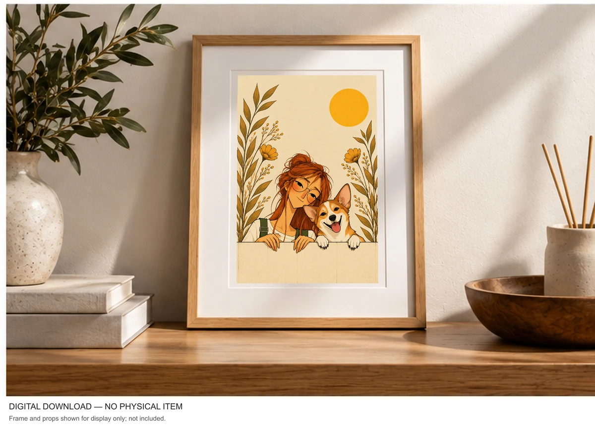 A Girl and Her Corgi — framed presentation, frame not included