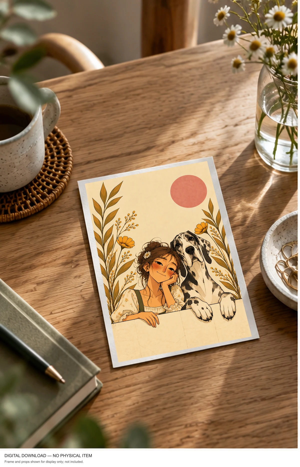 A Girl and Her Great Dane — framed presentation, frame not included