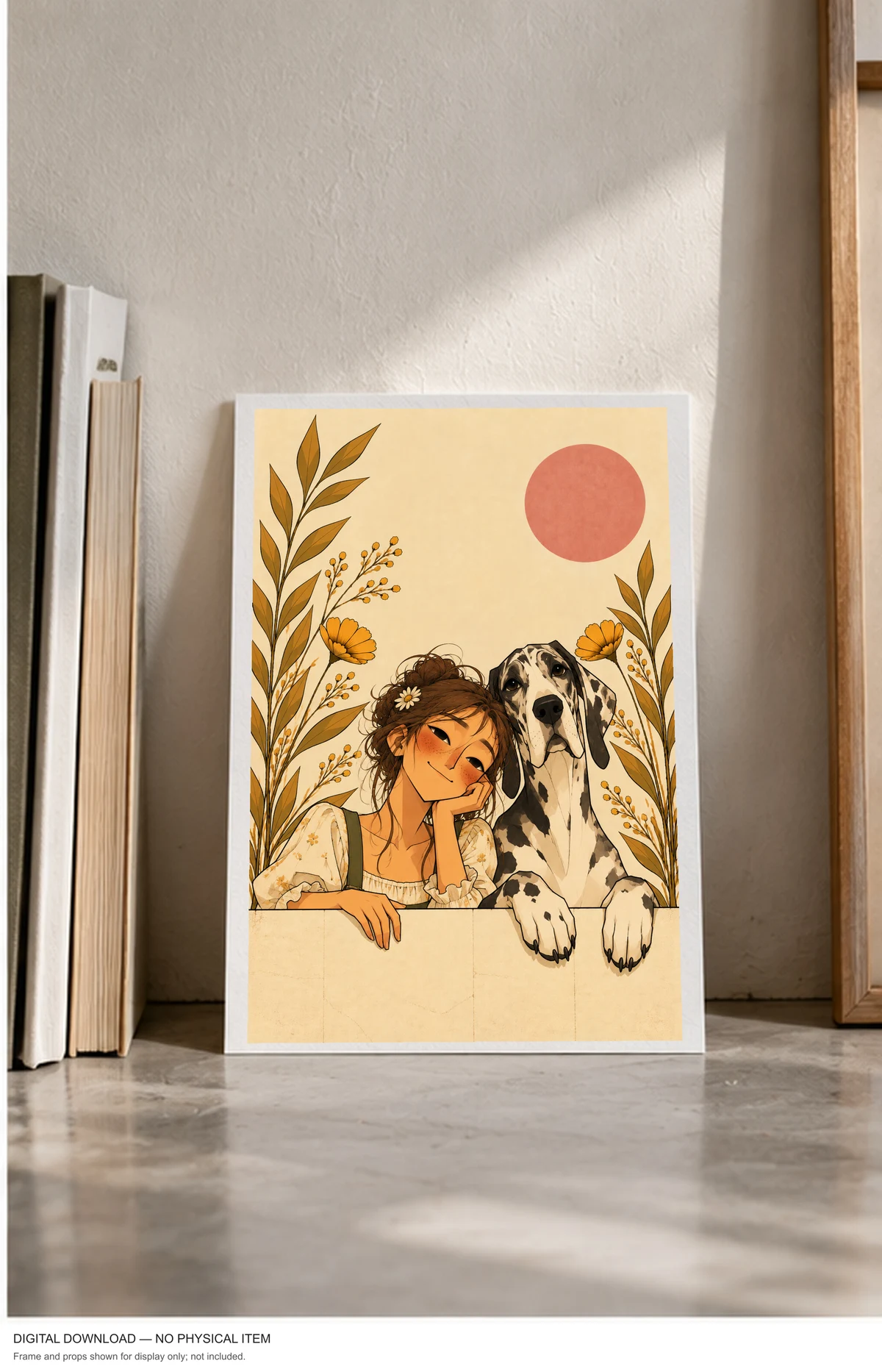 A Girl and Her Great Dane — framed presentation, frame not included