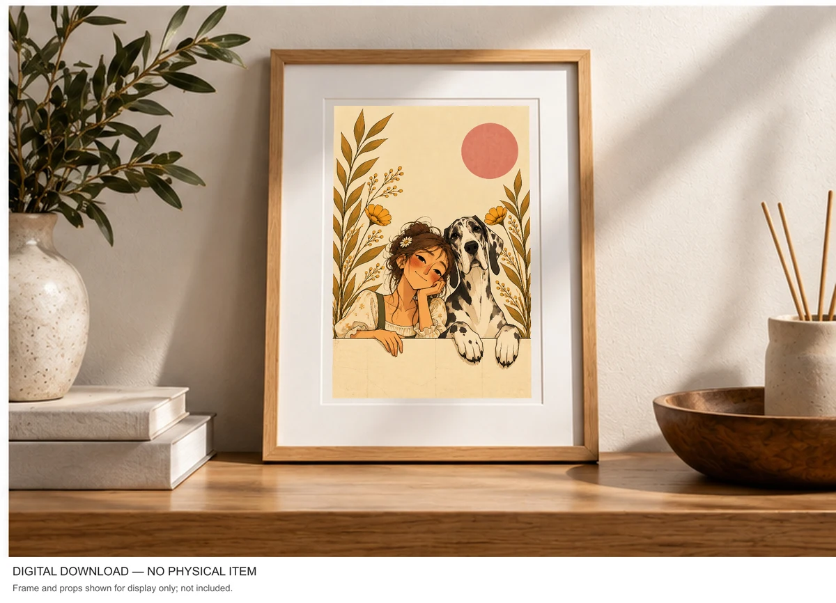 A Girl and Her Great Dane — framed presentation, frame not included