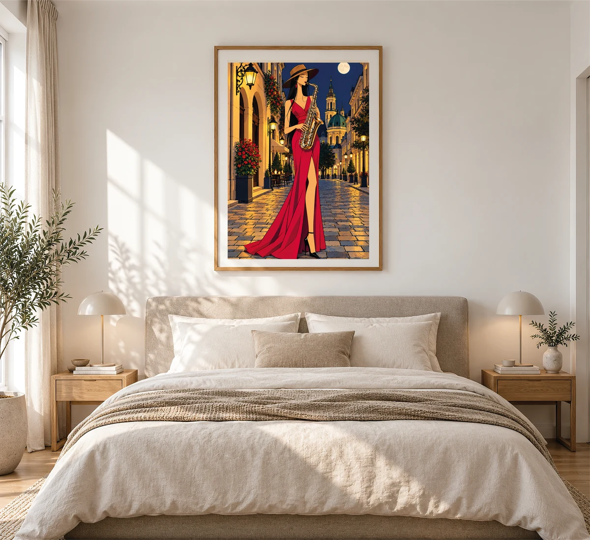 Saxophonist Under the Moon — framed presentation, frame not included