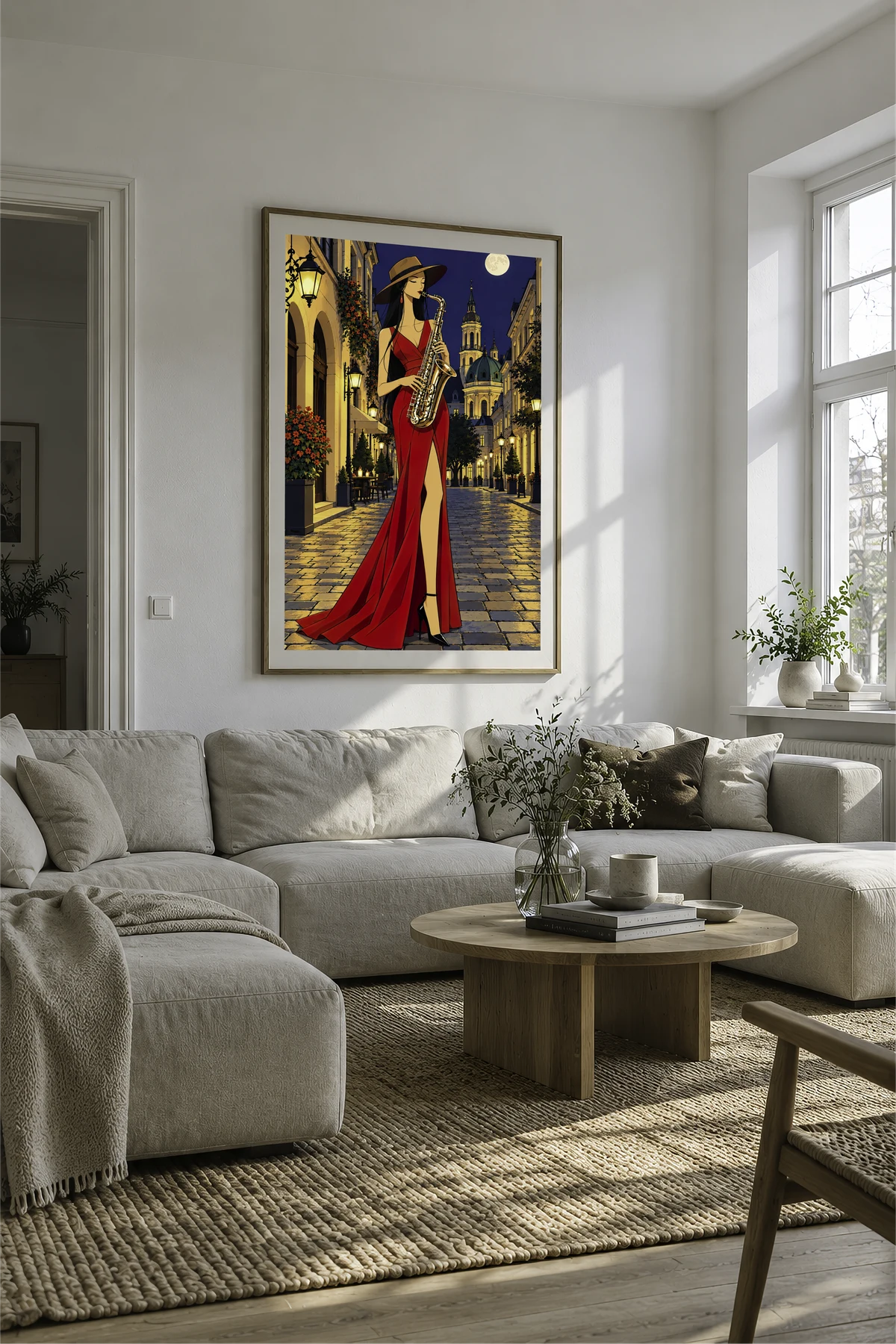 Saxophonist Under the Moon — framed presentation, frame not included