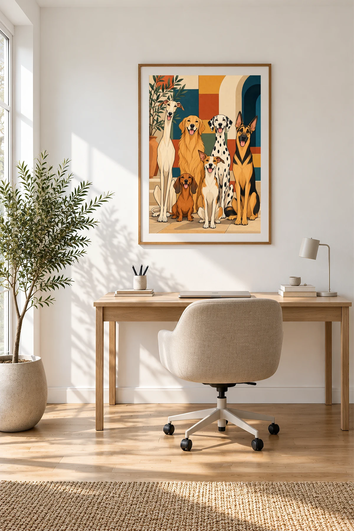 Six Dogs — framed presentation, frame not included